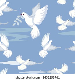 Seamless gentle background. Dove, peace sign, carries a sprig of olive. In minimalist style. Cartoon flat vector Illustration