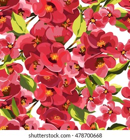 Seamless gentle botanical pattern on a white background with small cute red flowers, watercolor imitation. Vector illustration.
