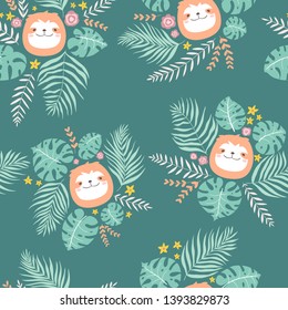 Seamless gentle childish pattern with faces animal sloth in the tropical leaves dypsis lutescens. Nursery hand-drawn illustration.