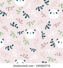 Seamless gentle childish pattern with pandas in the leaves. Nursery hand-drawn illustration.