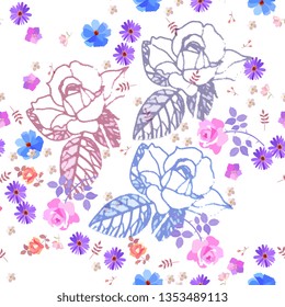 Seamless gentle ditsy floral pattern with roses, bell and cosmos flowers on white background. Print for fabric.