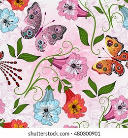 Diseño floral suave y transparente con flores coloridas y mariposas degradadas, vectorial