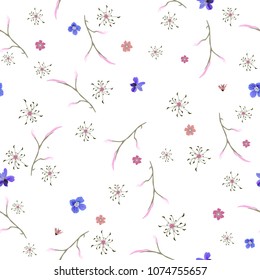 A seamless gentle floral pattern in many varieties of wildflowers. Botanical motifs are scattered randomly. Vector for fashion prints, textiles, wallpapers, tiles, paper. Print on a white background.