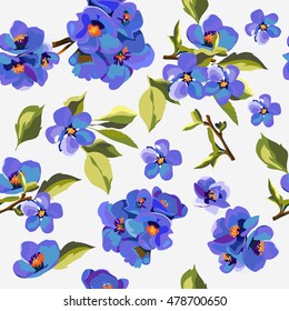 Seamless gentle floral pattern on a white background with small blue flowers, imitation watercolor. Vector illustration.