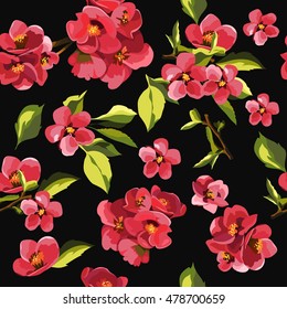 Seamless gentle floral pattern on a black  background with flowers of red apple, watercolor imitation. Vector illustration.