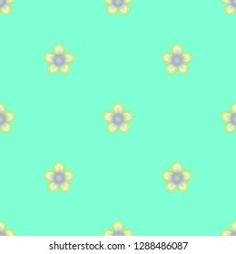 Seamless gentle geometric pattern. Small light greenish flowers with violet core on turquoise background. Repeat botanical pattern. Vector illustration.