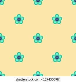 Seamless gentle geometric pattern. Small turquoise flowers with dark blue core on beige background. Repeat botanical pattern. Vector illustration.