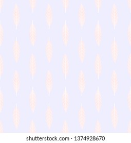 Seamless gentle geometric pattern with vertical rows of small light brown leaves on soft violet background. Repeat symmetrical botanical pattern. Vector illustration.