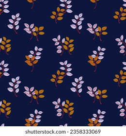 Seamless gentle, minimalistic, vintage pattern leaves. Cute leaves are randomly scattered on a dark background. Vector hand drawn small leaves. Template for design, textile, fashion, print