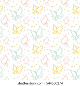 Seamless gentle pattern with butterflies on a white background. Vector Image. 