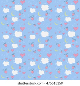 Seamless gentle pattern with clouds strawberries and hearts