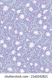 Seamless gentle pattern with delicate small white and pink flowers on stems on a lilac background. Vector natural texture with Ditsy for fabrics. Wallpaper with tender floral ornament for nursery