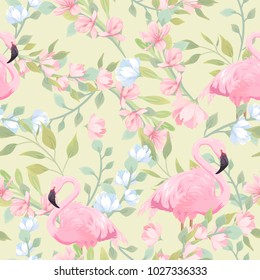 Seamless gentle pattern with pink flowers and flamingo