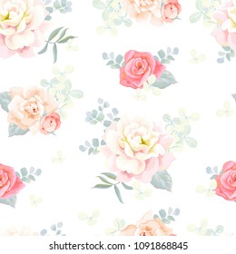 Seamless gentle pattern with roses, leaves and branches hydrangea. Vector romantic illustration in retro style on white background.