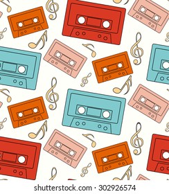 Seamless gentle pattern with silhouettes of the notes and music tapes