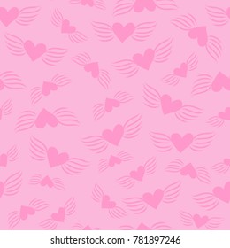 Seamless gentle pink vector simple pattern of enamored winged hearts. Beautiful unobtrusive background for the printing on the fabric or for greeting cards on Valentine's Day on the love theme