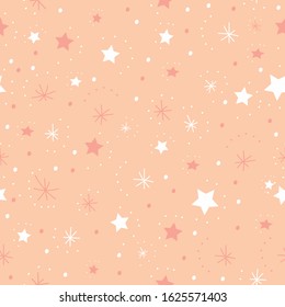 Seamless gentle retro pattern. White and pink stars and dots on a pink background. Vector design for gift wrapping, textile, scrapbooking and more