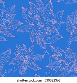 Seamless gentle spring flowers and branches with leaves painted lines