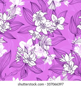 Seamless gentle spring flowers and branches with leavesa