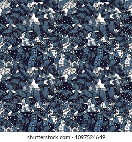 Seamless Gentle, spring on blue, black and gray colors. Vector - stock. Modern stylish texture.