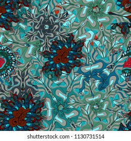 Seamless Gentle, spring on blue, gray and green colors. Vector - stock. Modern stylish texture.