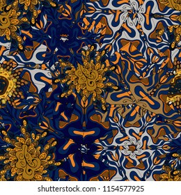 Seamless Gentle, spring on blue, black, brown and orange colors. Vector - stock. Modern stylish texture.