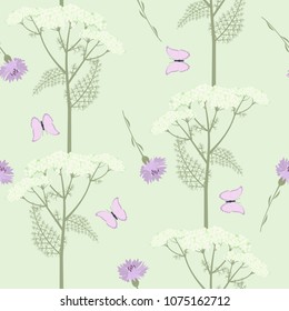 Seamless gentle vector illustration with cornflowers, yarrow flowers and butterflies in pastel colors. For decorating textiles, packaging.