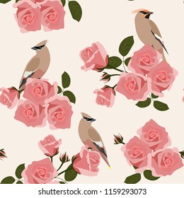 Seamless gentle vector illustration with roses and birds on a light background. For decorating textiles, packaging and wallpaper.