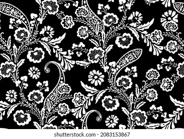 seamless gentle vector paisley print with ethnic paisley and flowers pattern, allover composition. Detailed beautiful paisleys with floral motives in black and white.