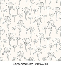 Seamless gentle vintage floral pattern with irises and poppy