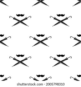 Seamless gentleman pattern on white background. Silhouette of moustache and crossed cane umbrellas. Black simple vintage ornament.  Vector retro wallpaper
