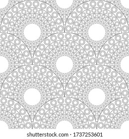 Seamless geo, geometric, pattern with halftone effect, fish scale motif, sunrise motif, circles in circles design, seamless fabric swatch of thin lines 