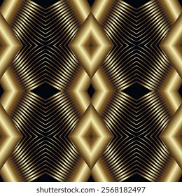 Seamless geometric 3d modern elegant glowing pattern with golden gradient lines, rhombus. Abstract ornamental textured glow background. Luxury ornaments. Endless ornate patterned gold texture.