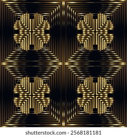 Seamless geometric 3d modern glowing pattern with golden gradient lines, stripes, shapes. Abstract ornamental textured glow background. Symmetrical ornaments. Endless ornate patterned gold texture.