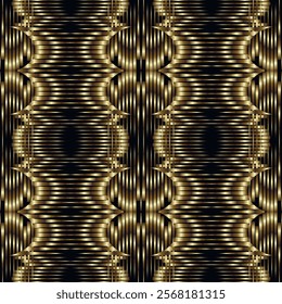 Seamless geometric 3d modern glowing pattern with golden gradient lines, stripes, shapes. Abstract ornamental textured glow background. Symmetrical ornaments. Endless ornate patterned gold texture.