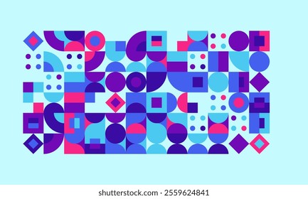 Seamless geometric abstract background with bright purple, pink, and blue patterns, ideal for contemporary designs, digital art, and modern visual projects.