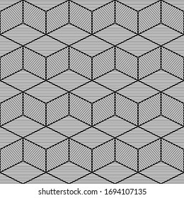Seamless geometric abstract black and white striped zig zag cube vector pattern.  