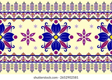 Seamless geometric abstract floral pattern with traditional ethnic elements. Vibrant blue and purple flowers on a light background, perfect for textiles, print, fabric, background, wallpaper, mosaic.