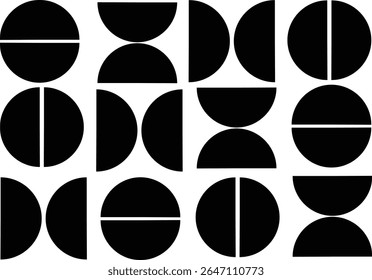 Padrão minimalista abstrato geométrico contínuo com círculo preto e branco, semicírculo e formas de linha para decoração moderna, tecido, papel de parede e projetos de design gráfico