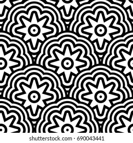 Seamless geometric abstract monochrome vector pattern. Linear black shapes on white background. Flower and star ornament.