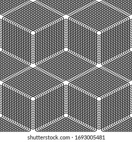 Seamless geometric abstract optical black and white gridded cube vector pattern.  