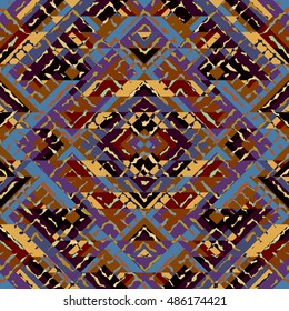 Seamless geometric abstract pattern in aztecs style on stripes background.