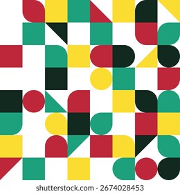 Padrão abstrato geométrico contínuo em estilo Bauhaus com formas simples, linhas limpas e cores em negrito. Perfeito para impressões têxteis, papéis de parede, fundos, cartazes e projetos de arte contemporânea.