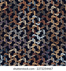 Seamless geometric abstract pattern with colorful chained squares on a black background. Metal grid structure. Vector illustration for textile, wrapping, packaging,  print, web, and decorative project