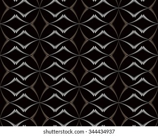 Seamless geometric abstract pattern. Diagonal rhomb shaped, braiding figure texture. Unusual rhombus bands, lines on dark background. Brown, black, gray colors. Vector