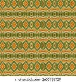 Patrón abstracto geométrico sin fisuras con Formas de diamantes y tonos terrosos de verde y naranja. Ideal para fondos, textiles y diseños digitales de inspiración retro.