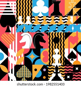 Seamless Geometric Abstract Pattern With Elements Of Chess Pieces And Card Symbols.