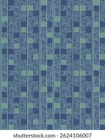 Seamless geometric abstract pattern featuring vertical stripes and alternating textured squares in shades of navy blue and teal.