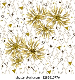Seamless geometric abstract pattern with golden flowers for fabric shirts. Trend print for fabric and paper.