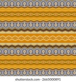 Seamless geometric abstract pattern with golden yellow, brown, and grey tones, perfect for textile, wallpaper, or digital backgrounds.